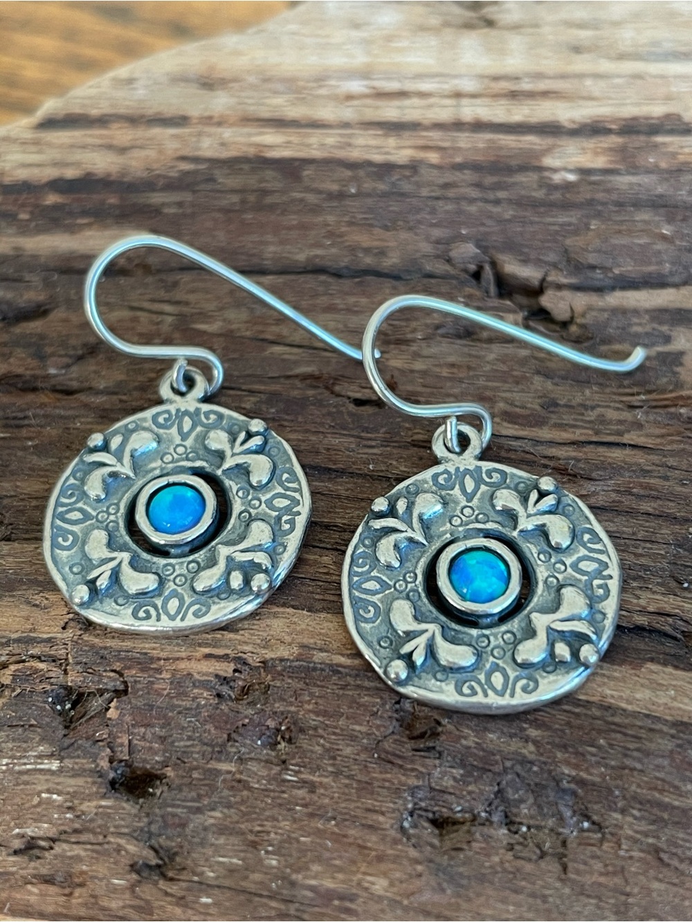Blue Opal Accent Floral Round Drop Earrings - Sterling Silver Style